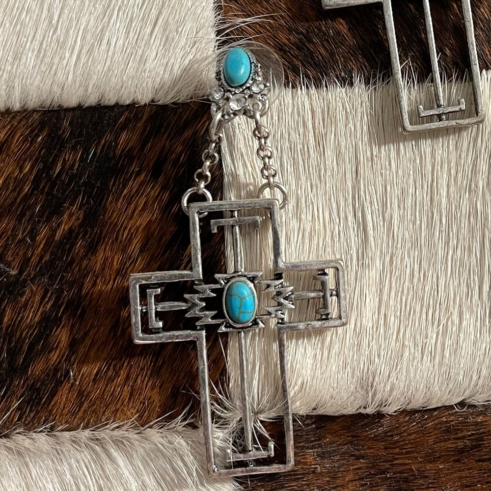 Turquoise Cross Aztec Earring - Picture 3 of 3